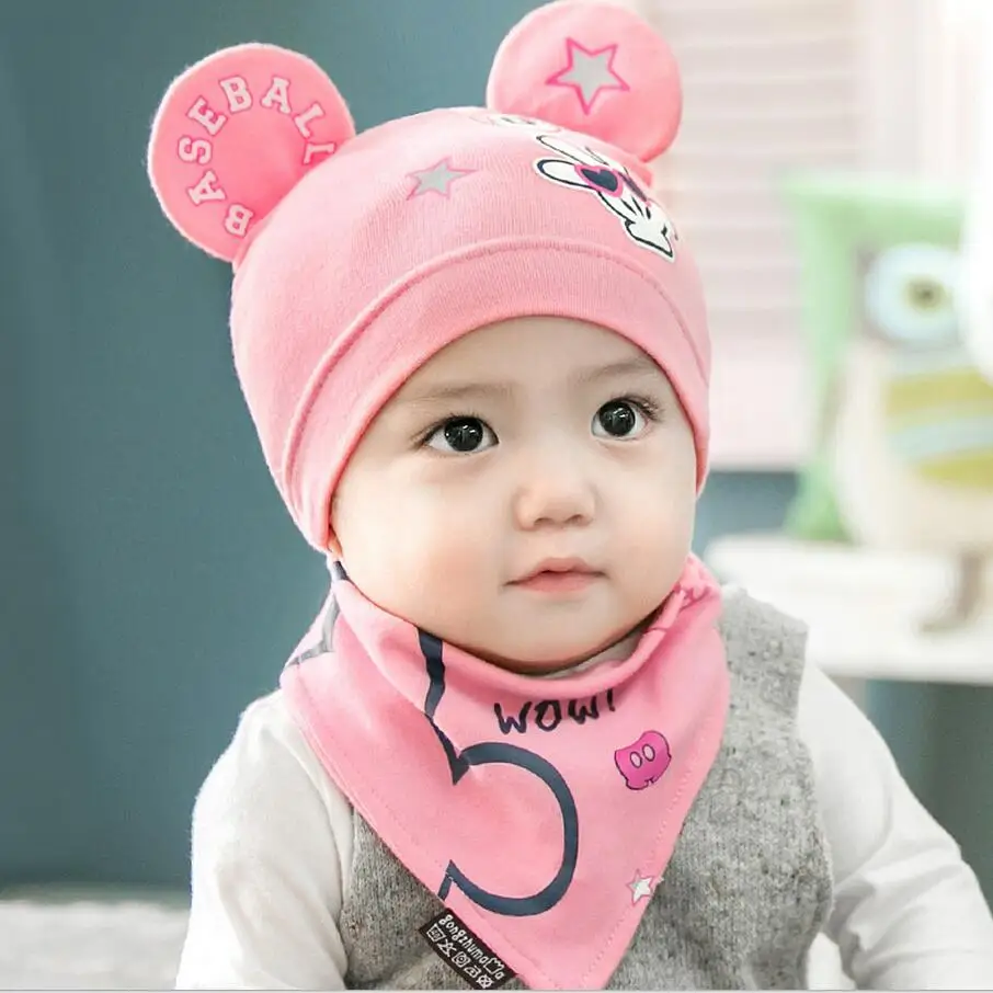 

Baby head cap & Bib suit Cartoon Cotton Beanie Boy Girls Hats bibs newborn photography props 2 pcs/set