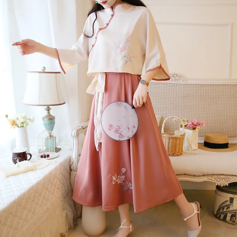 Цветочной вышивкой китайский Hanfu одежда супер фея из двух частей Улучшенный