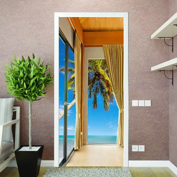 

3D Customized Seaside Balcony Door Mural Wallpaper mural Wall Print Decal Wall Deco Wall Mural Photo self adhesive door wrap