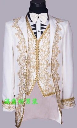 Мужской свадебный костюм(пиджак+ брюки+ жилет), белый, черный, Vogue, Дворцовый стиль, мужские смокинги с золотой вышивкой, классические Женихи, мужской студийный костюм - Цвет: Белый