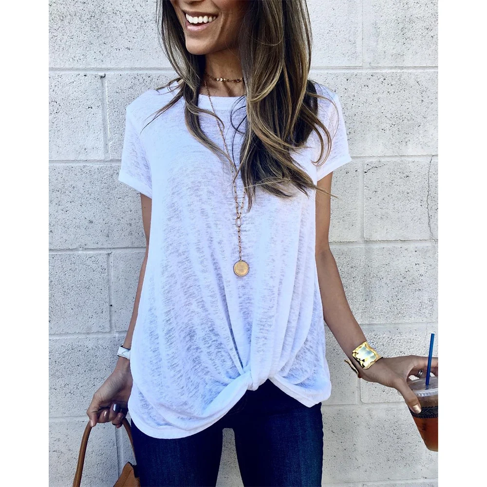 

Tshirt Casual Solid Short Sleeve O Neck Loose T Shirt Women modis Summer Basic Tops Asymmetry Streetwear camiseta mujer H30