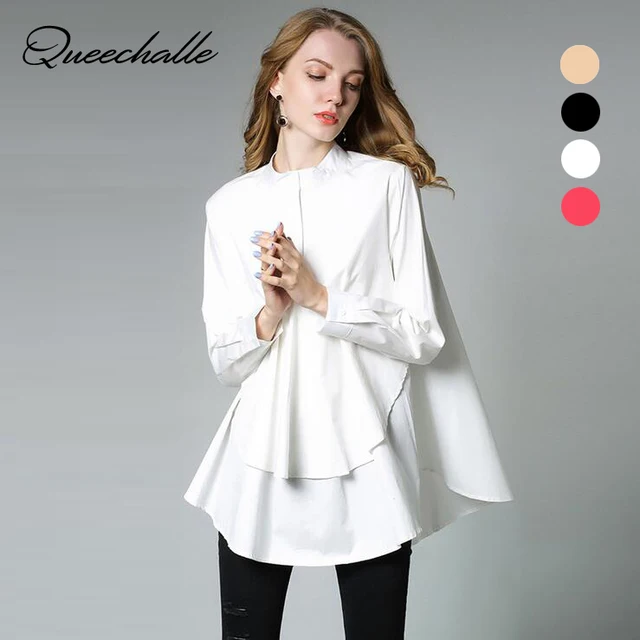 european top design big size womens a line loose shirt 2018 autumn asymmetrical long sleeve