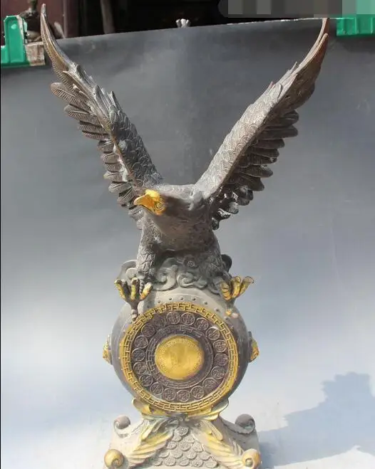 

20"Chinese Bronze Gilt Carving Wealth Sky Overlord Eagle Eagles Hawk Bird Statue