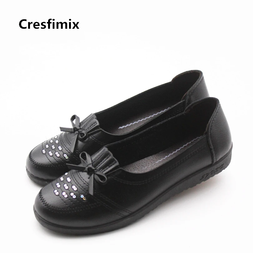 Cresfimix zapatos de mujer women cute comfortable summer flats lady retro black flat shoes female casual pu leather loafers