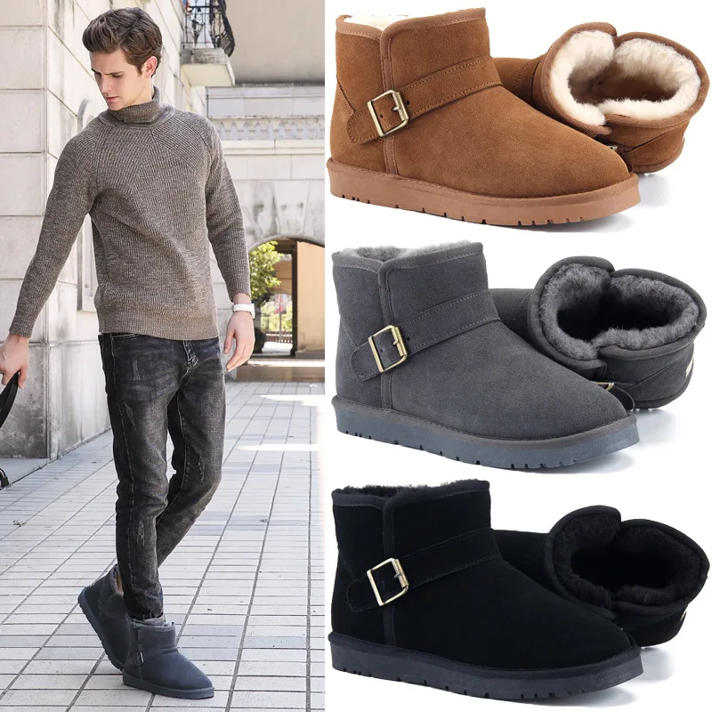 

Elegant brand-name leather women's snow boots belt buckle decorated with suede cowhide fabric thick wool warm men winter boots