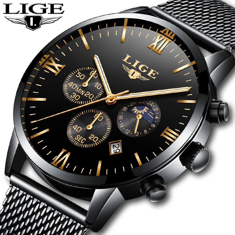 

LIGE Men Watches Luxury Brand Multi Function Mens Sport Quartz Watch Man Waterproof Mesh belt Business Clock Male Wrist Watch