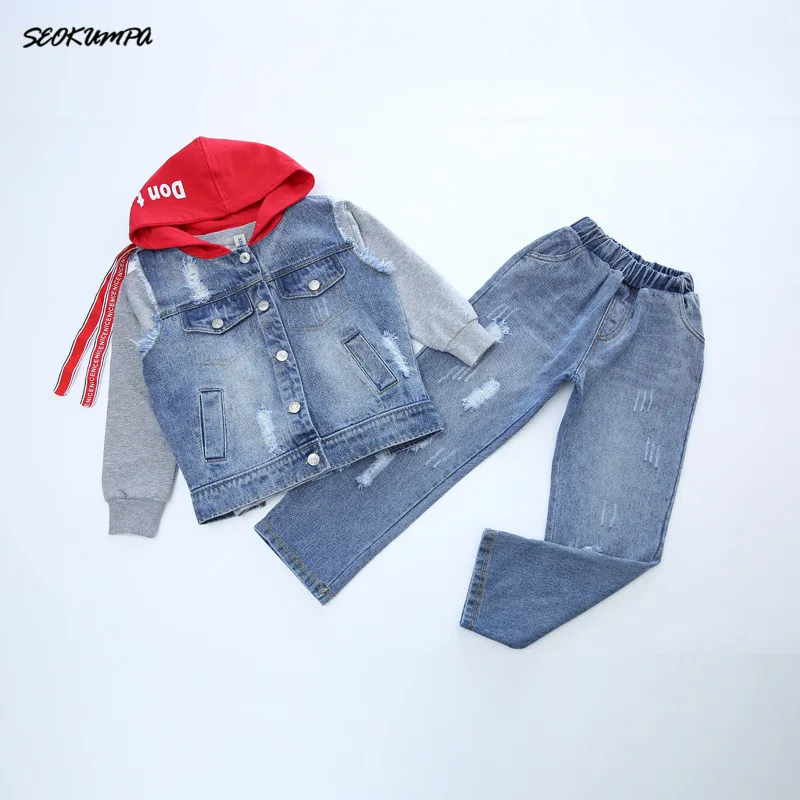

2018 Children's Set Spring Autumn Hooded Outwear +Letter Pattern Denim Vest+Trendy Broken Copper Jeans Girls Three-piece Set