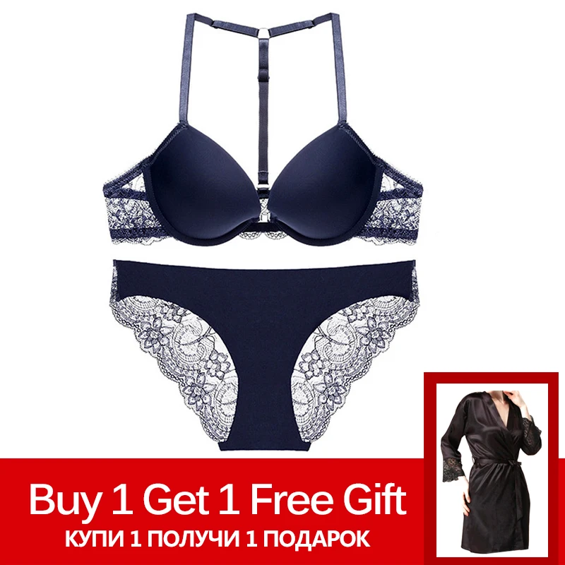 Buy 1 Get 1 Gift Robe Front Closure Bra Set Sexy Y-line Straps Push Up Bra Underwear Women Bra Panties Lingerie T-shape Back