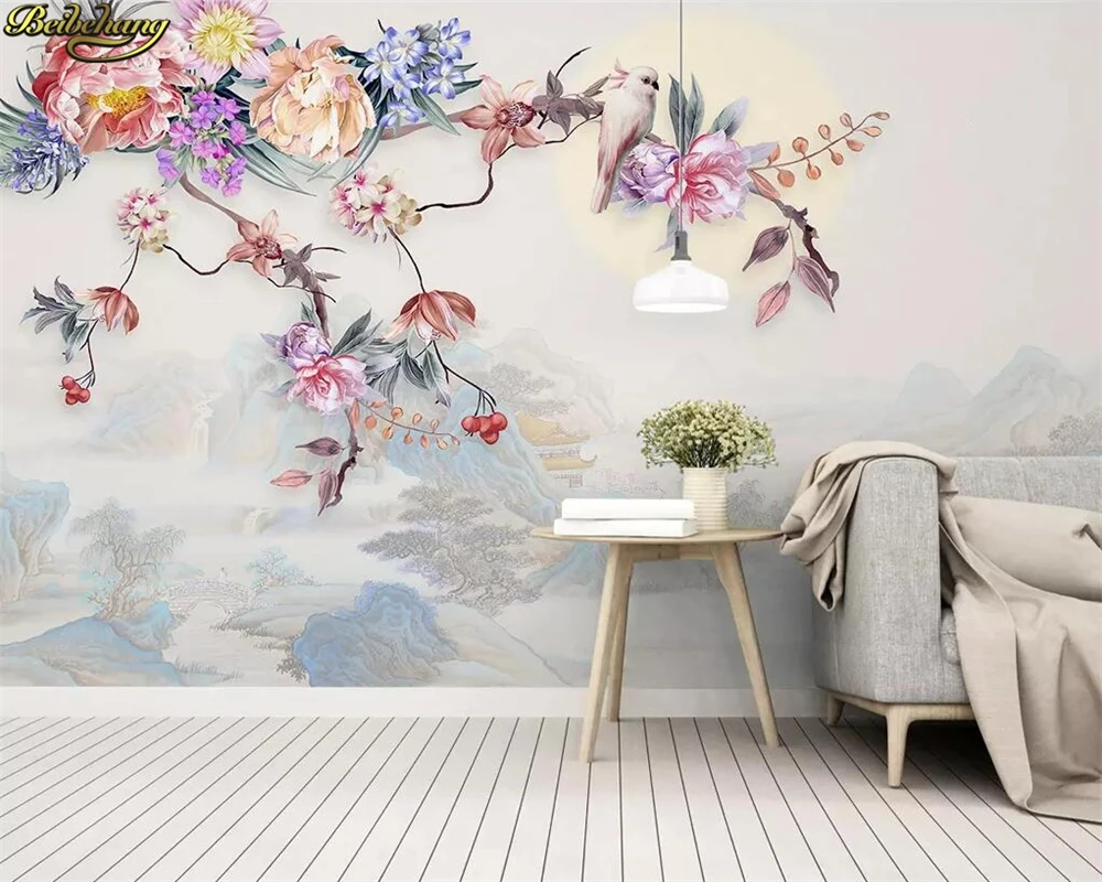 Beibehang на заказ фотообои ручная роспись цветы и птицы цветы пейзаж ТВ фон настенная декоративная живопись