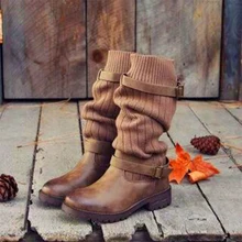 Сезон осень-зима; женские сапоги-носки; однотонная женская обувь с пряжкой; женские сапоги до середины икры с круглым носком; Bota Feminina; большой размер 43