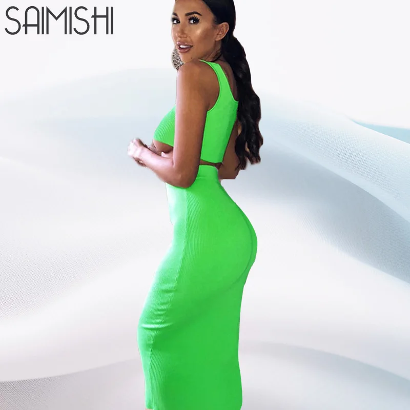 

Saimishi Summer Women Sets Neon Color Two Piece Outfits Stretch Short Tank Tops and Ankle Length Pencil Skirt Fluorescent Green