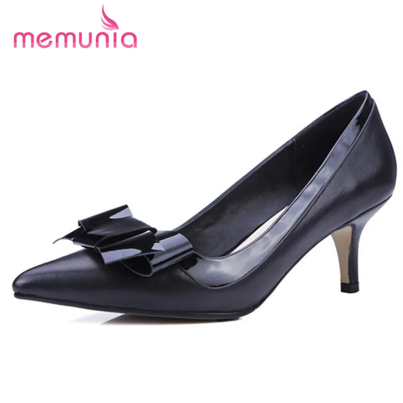 

MEMUNIA 2017 Spring new shoes single shallow party genuine leather high heels shoes bowtie solid pointed toe women pumps