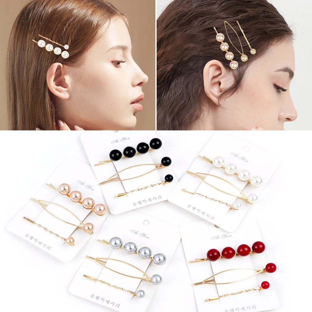 

3pcs/Set Fashion Women Hair Accessories Pearl Hair Clip Pin Metal Geometric Alloy Hairband Hairgrip Barrette Girls Holder