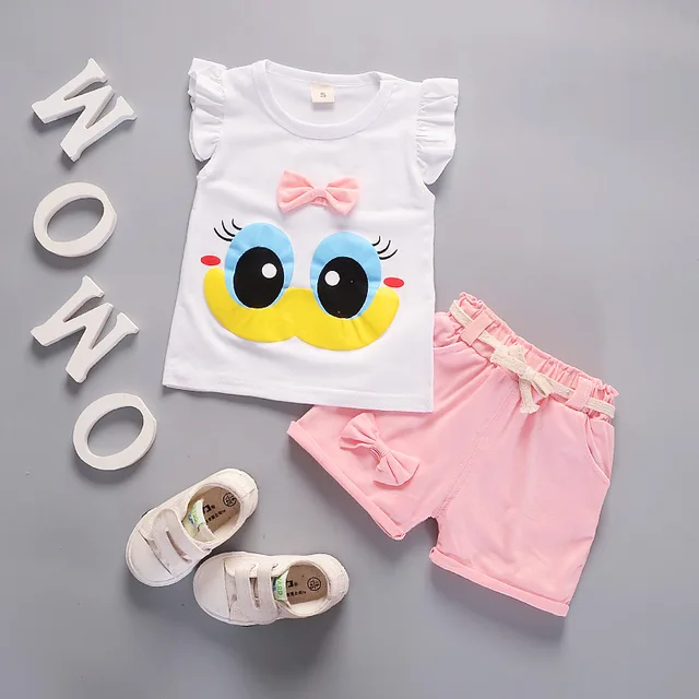 Summer Cute Cartoon 2PCS Kids Baby Girls Floral T-shirt Top Shorts Pants Set Clothes Girls Clothing Sets TZ3303-white
