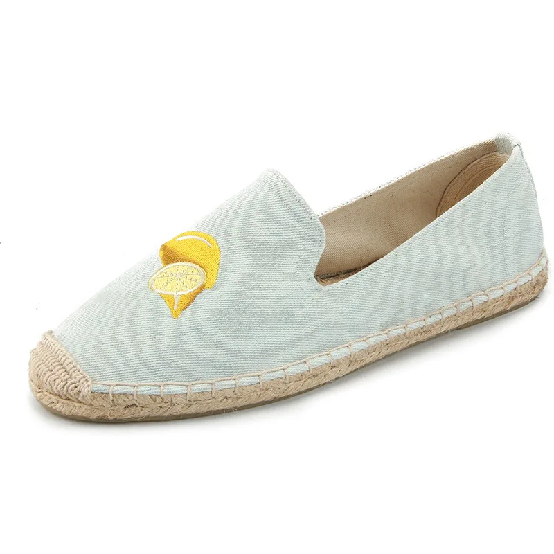 New Fashion Embroidery Lemon Comfortable Ladies Womens Casual Espadrilles Shoes Breathable Flax Hemp Canvas for Girls - Цвет: Sky blue