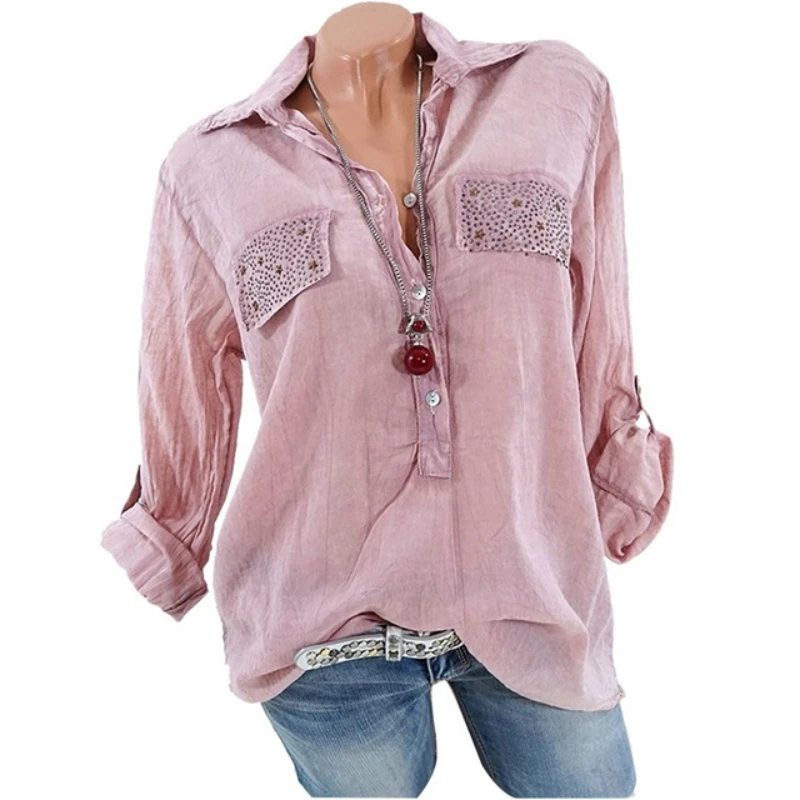 Блузка Рубашки Для женщин Мода Твердые длинным рукавом Свободные Blusas 2018 Для женщин s Костюмы плюс Размеры женственный Бисер блузки летний