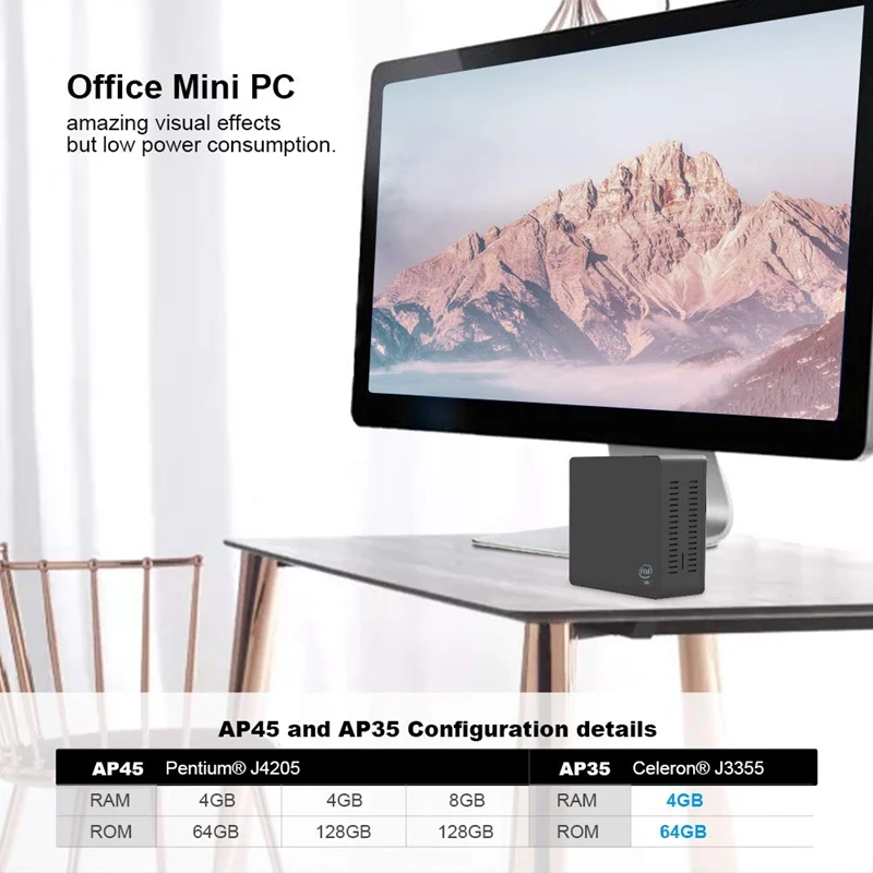 AP35 Mini PC Desktop Windows 10 Multimedia Office Computer 4GB Ram Lpddr4 64GB Emmc Intel Apollo 5