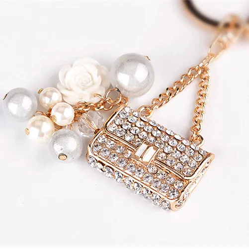 

New Creative Pearl Rhinestone Handbag Design Key Chain Car Key Ring Women Bag Charm Pendant Fashion Keychains Trinket