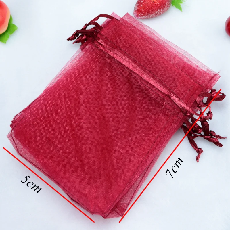 

200pcs Deep Red Jewelry Gift Packing Drawable Organza Bags 5x7cm Gift Bag Pouches Display Packaging Pouches Can Customized Logo