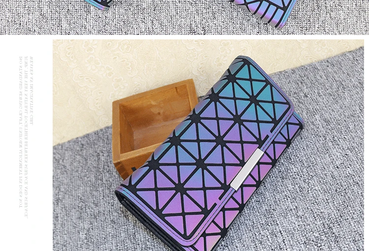 ZYJ Luminous Women Geometry Quilted Plaid Long Wallets 3 Folds Laser Dazzle Colour Girls Zipper Sequins Clutch Wallet Purse Bag (14)