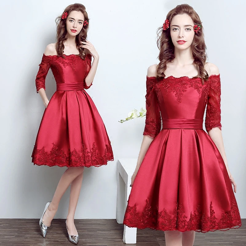 Robe de soiree с открытыми плечами красные короткие тонкие парчовые кружевные свадебные букеты vestido de festa платья для выпускного вечера