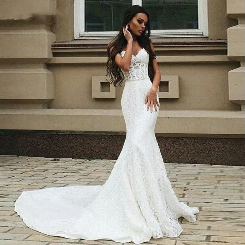 

Vestidos De Noivas Lace Mermaid Wedding Dress 2019 Sexy Sash Pearls Dress Sweetheart Lace Up Back Custom Bridal Dress