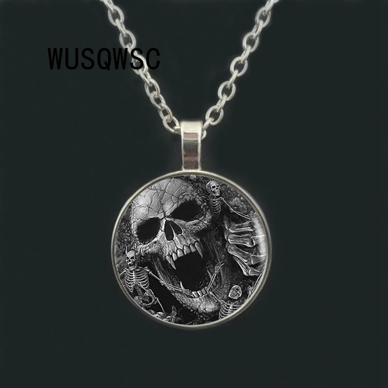 

WUSQWSC Skull Pendant Vintage Skeleton Pendant Silver Necklace For Women Dress Accessories Glass Photo Jewelry Fashion