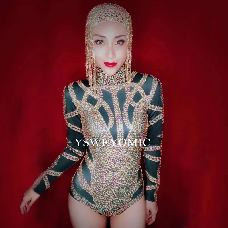 

2019 Multicolor Gold Bright Stones Outfit Nightclub Dance Wear Party Bodysuit Performance Dance Club Bodysuit Costume Y608