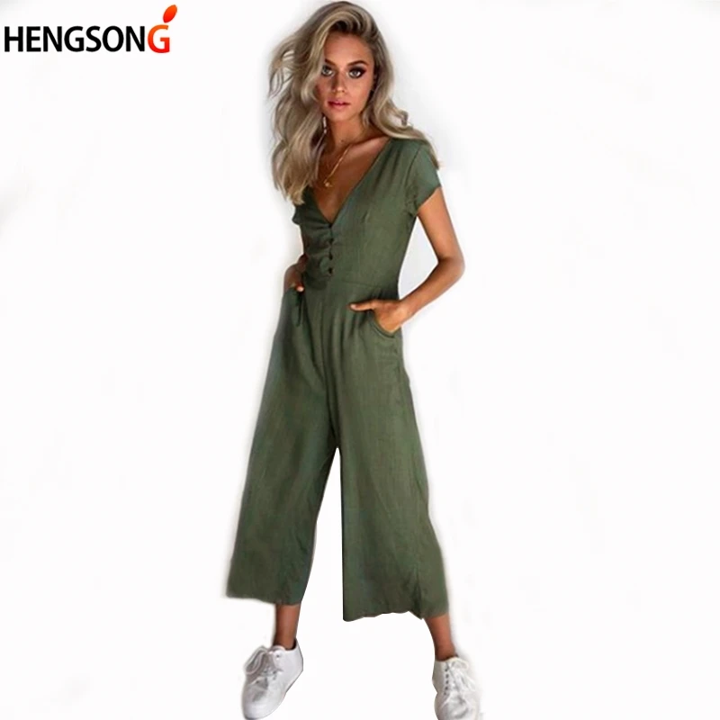 

New Women Wide Leg Jumpsuit Rompers Sexy Deep V Neck Button Short Sleeve Summer Fashion Soild Casual Female Jumpsuit Rompers
