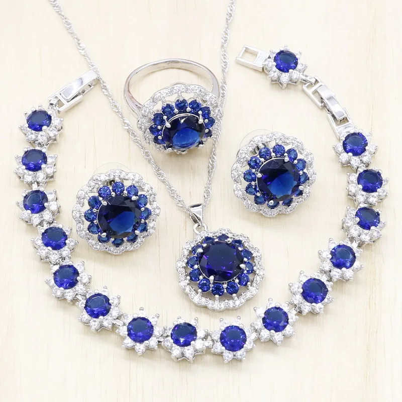 

Classic Royal Blue Stones Silver Jewelry Sets Women Necklace Bracelets Pendant Wedding Rings Earrings Jewelery Free Gift Box