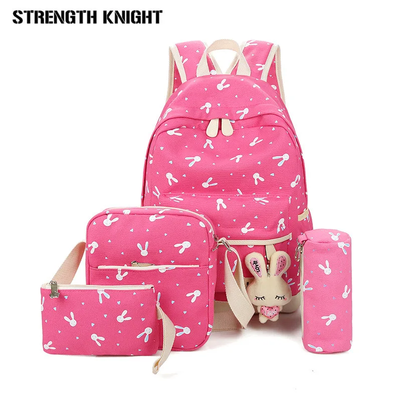 

4Pcs/Sets Women Canvas Printing Backpacks Cartoon Rabbit School Bags for Teenage Girls Cute Trave Shoulder Bag for Women Bagpack