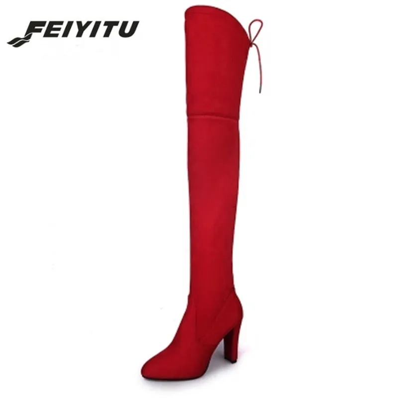 

Feiyitu Stretch Suede Womens Thigh High Boots Stilettos Sexy Over the Knee Boots Pointy Toe High Heel Long Boots Black Gray red
