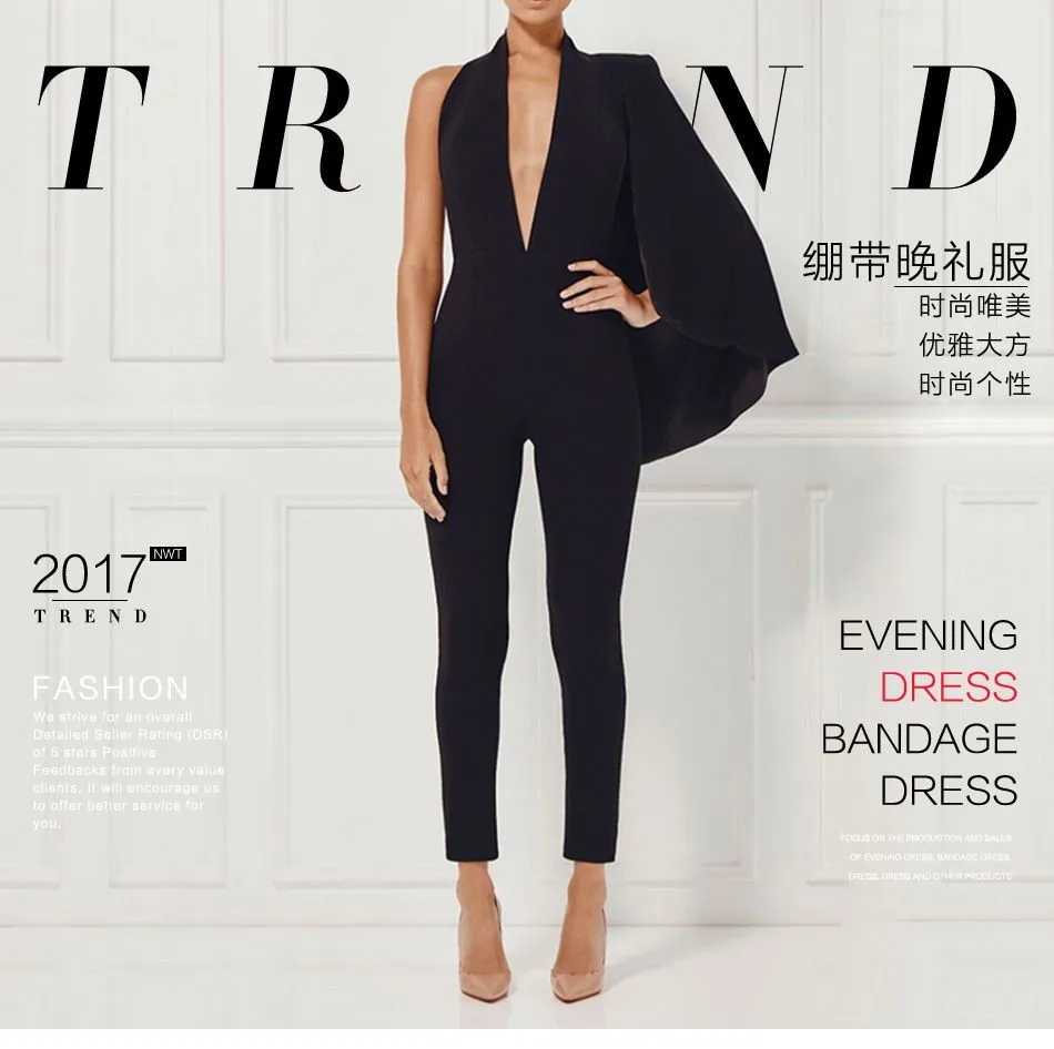 

2019 European and American spring and summer new black V-neck shawl leak back jumpsuit sexy fashion wholesale