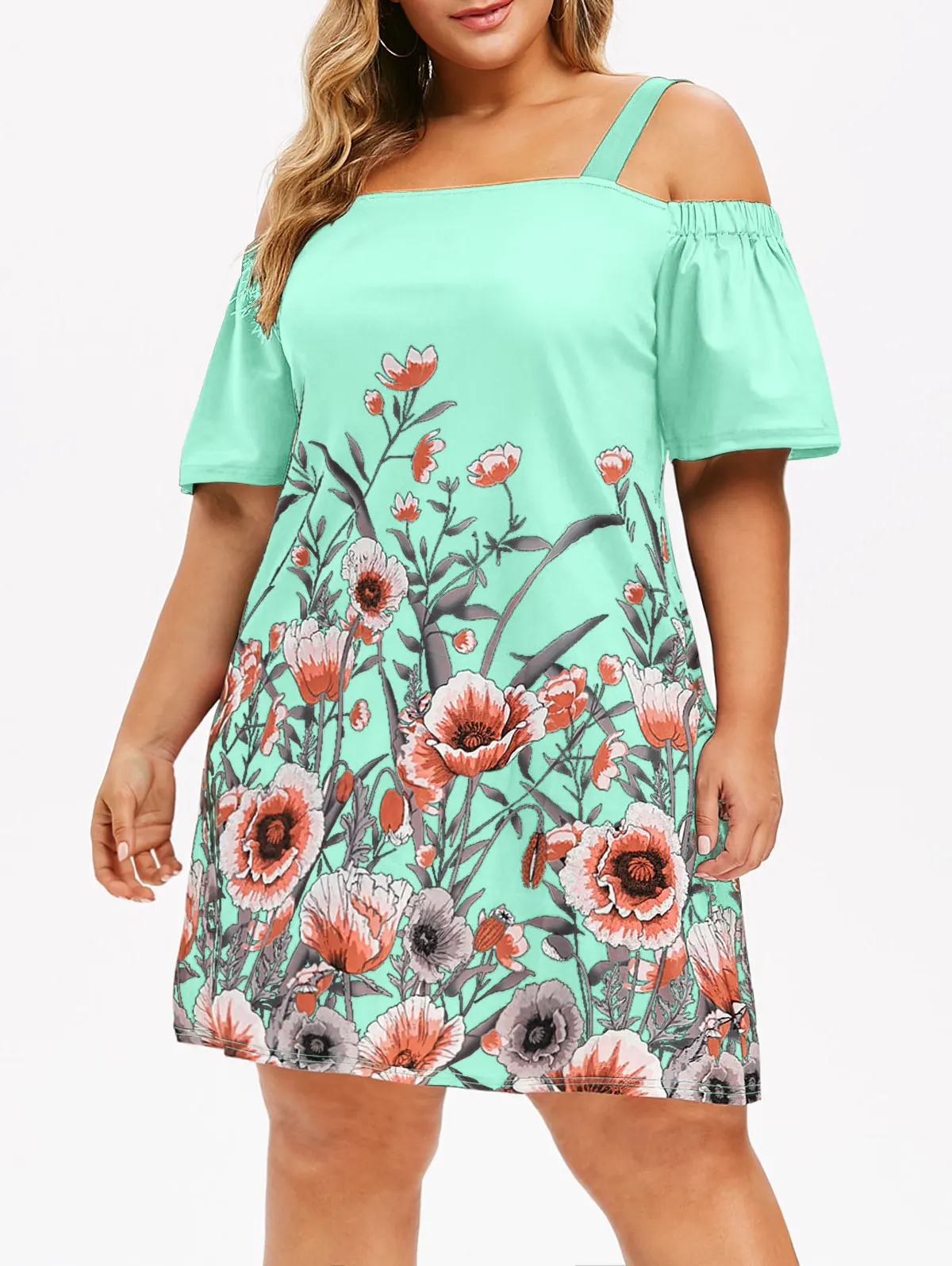 Wipalo размера плюс Цветочное платье с открытыми плечами летнее платье с короткими рукавами длиной до колена повседневное праздничное женское платье Boho Vestidos - Цвет: Light Aquamarine