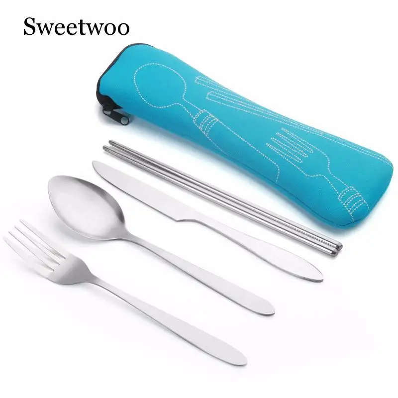 

4 Pcs/Set Stainless Steel Fork Spoon Chopsticks Travel Ourdoor Camping Cutlery Tools Portable Stainless Steel Tableware 9 Colors