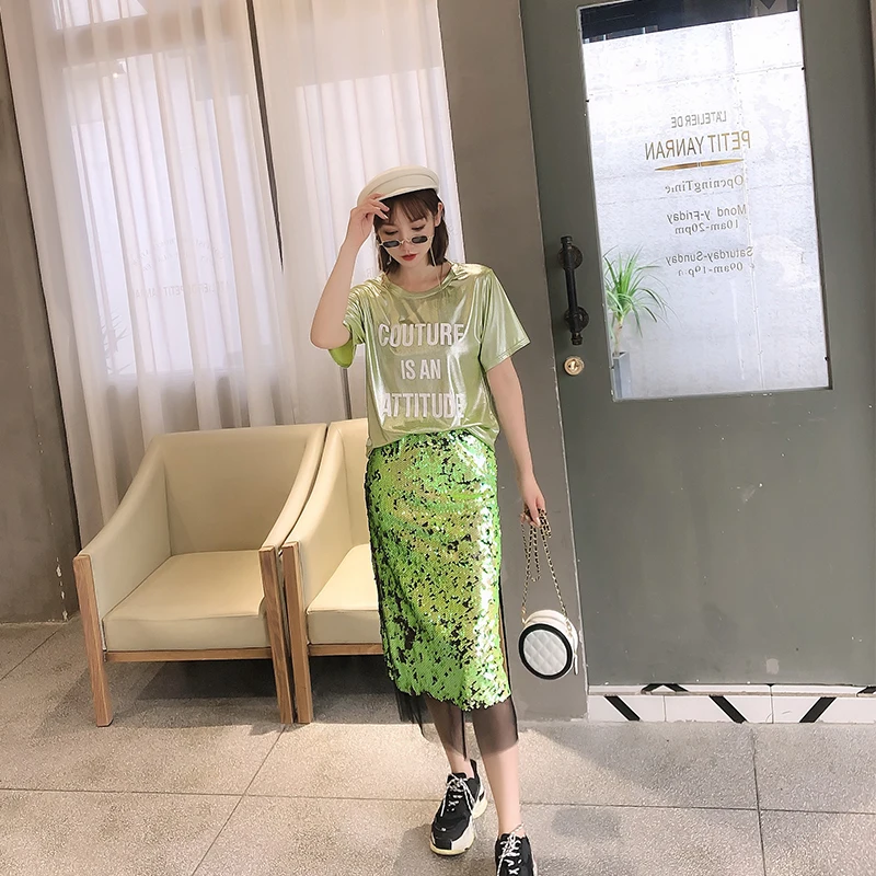 Цельная зеленая модная сетчатая Лоскутная прямая юбка с эластичной резинкой на талии, расшитая блестками, шикарные Ins High Street Женские шорты, одежда