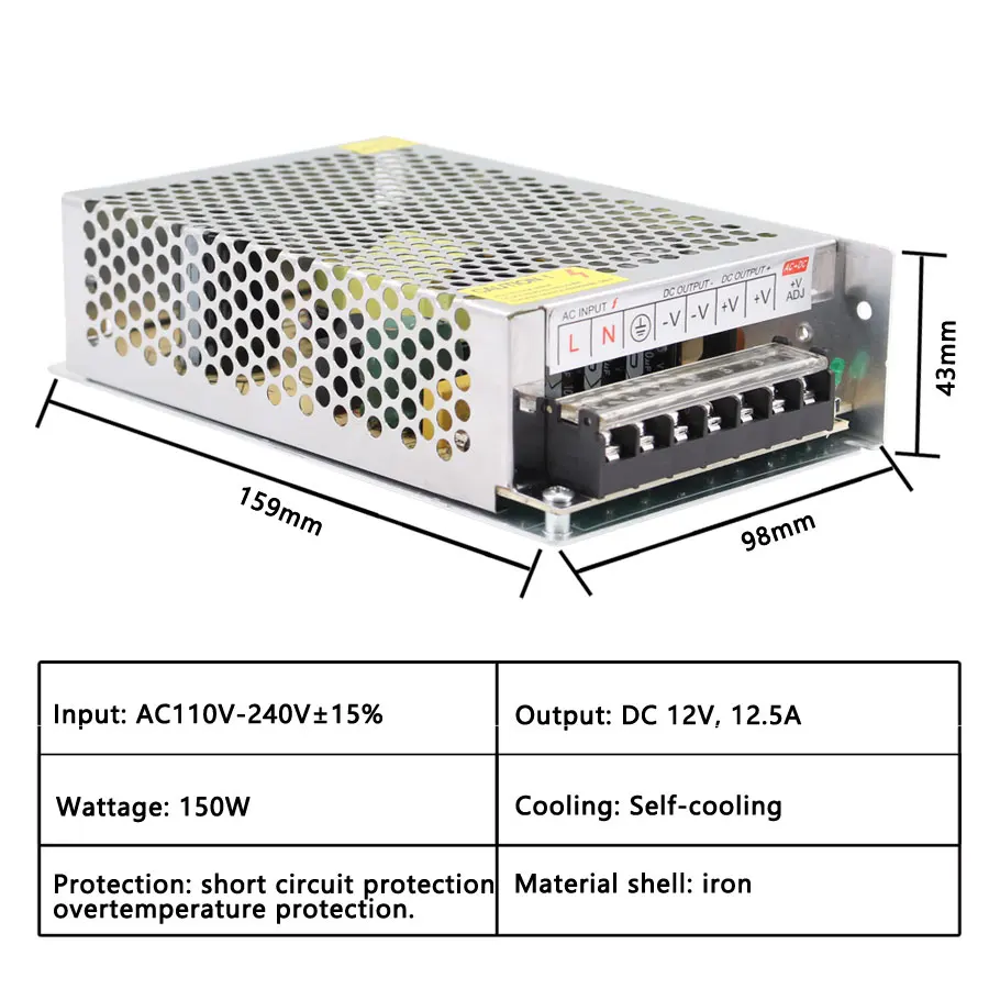 Импульсивный источник питания AC-DC Fonte 12В импульсный источник Питание 12V 1A 2A 3A 5A 6A 8A 10A 12A 15A 20A 30A 33A 40A 50A AC DC Питание импульсивный источник питания Fonte - Цвет: 12V 12.5A 150W