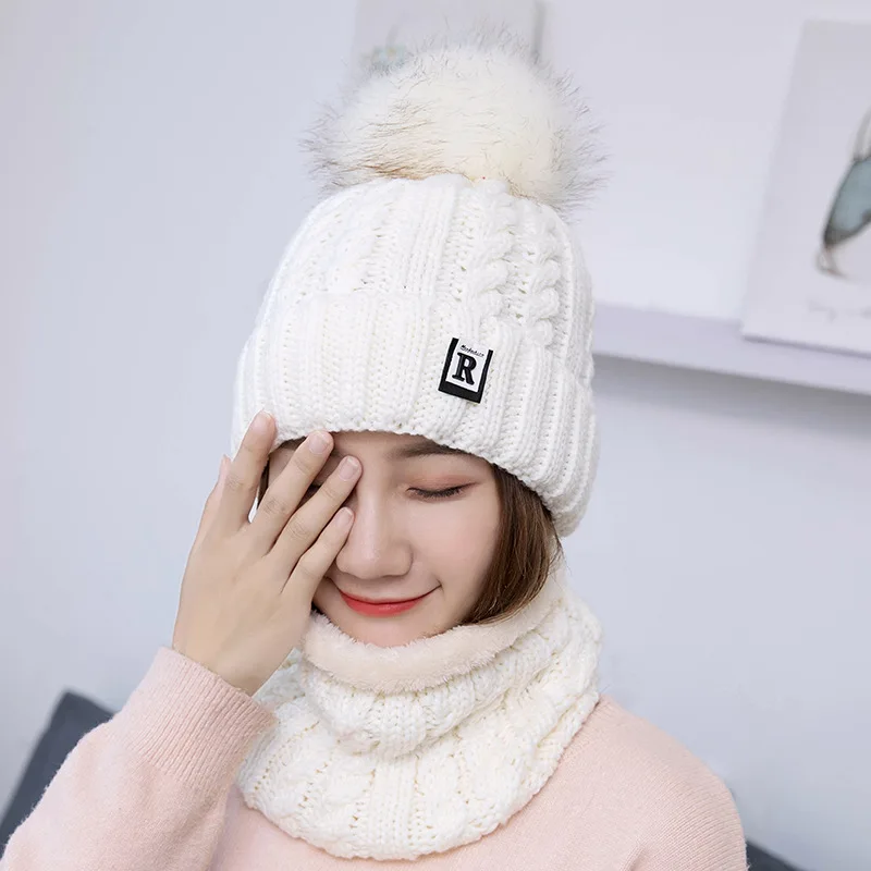 Модные зимние шляпы для женщин Beain Hat Kitted Big Ball gorro invierno mujer Зимний шарф и шапка, комплект, сохраняющий тепло