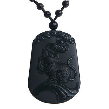 

Genuine Black Natural Obsidian Gemstone Pendant Horoscope Animal Sign Amulet Necklace Power Pendant 49*33*10mm