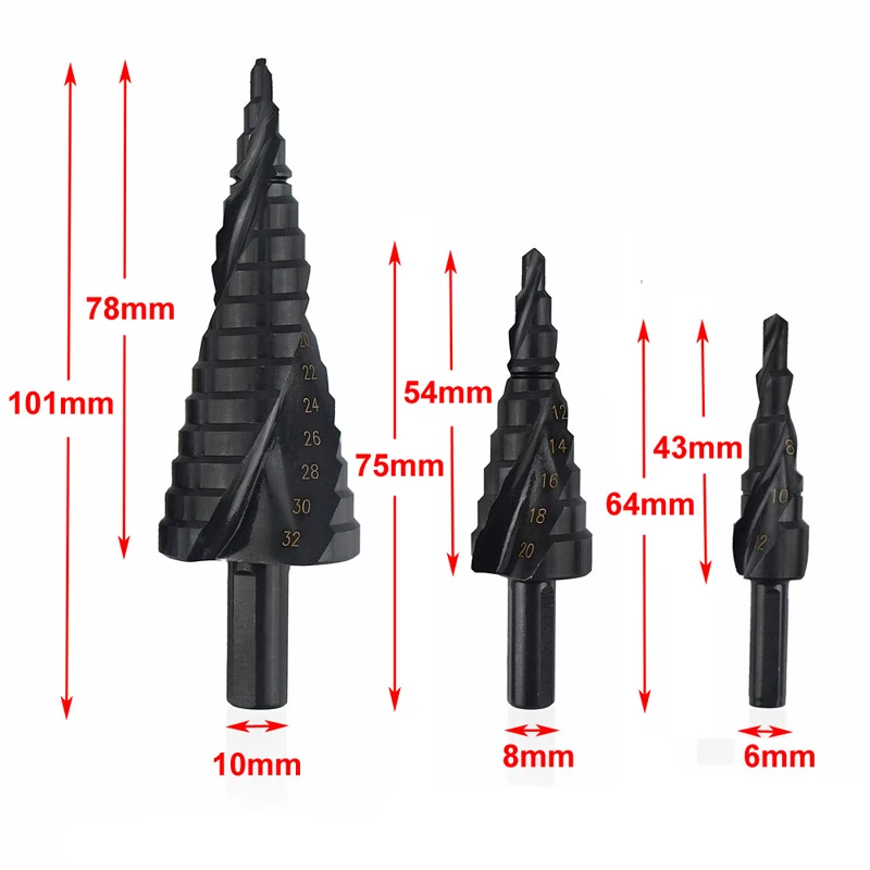 3 шт. HSS Титан нитридное покрытие конус спираль Шаг сверло комплект из металла Отверстия Резак Мощность набор инструментов, метрических на возраст от 4 до 12 лет/20/32 мм