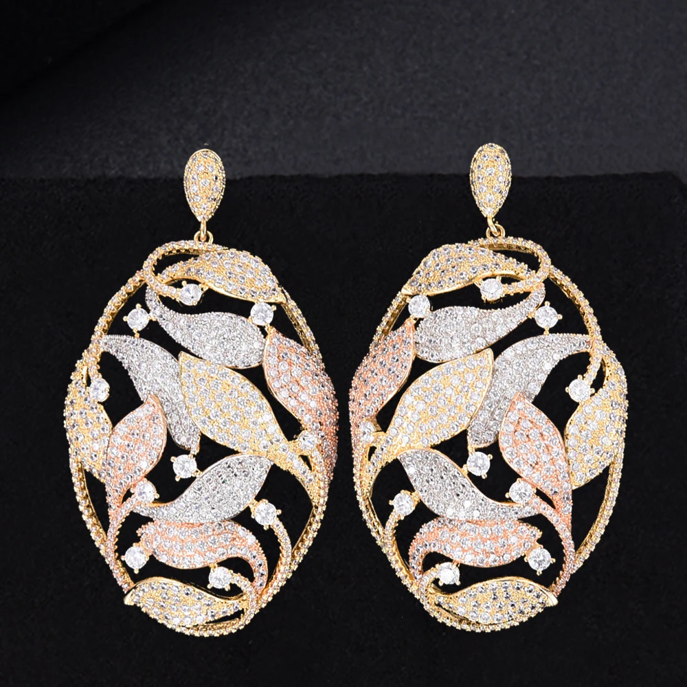 

Fashion Oval Leaves Hollow Cubic Zirconia Dangle Drop Earrings Dubai gold earrings for women 2018 Wedding Party Engagement