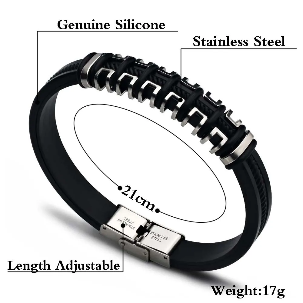 2024 Fashion Jewelry Vintage Black Silicone Cuff Bracelet Charm Jewelry Rubber Stainless Steel Bracelet Men Pulsera Hombre