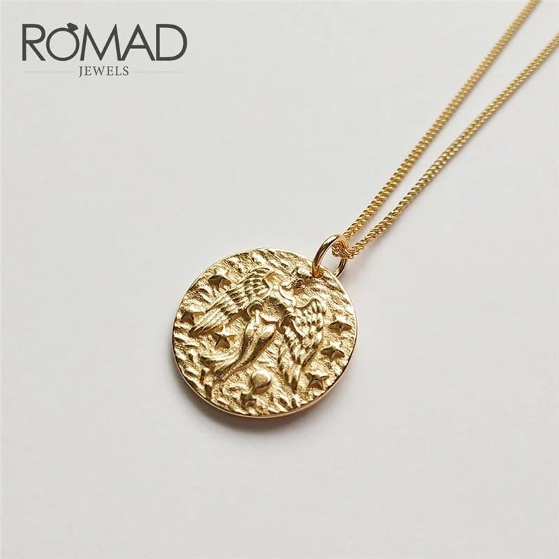 

ROMAD 925 Sterling Silver Pendant Necklace Bird Emboss Baroque Coin Disc Constellation Chain Choker Fashion Jewelry Girl Gift R4