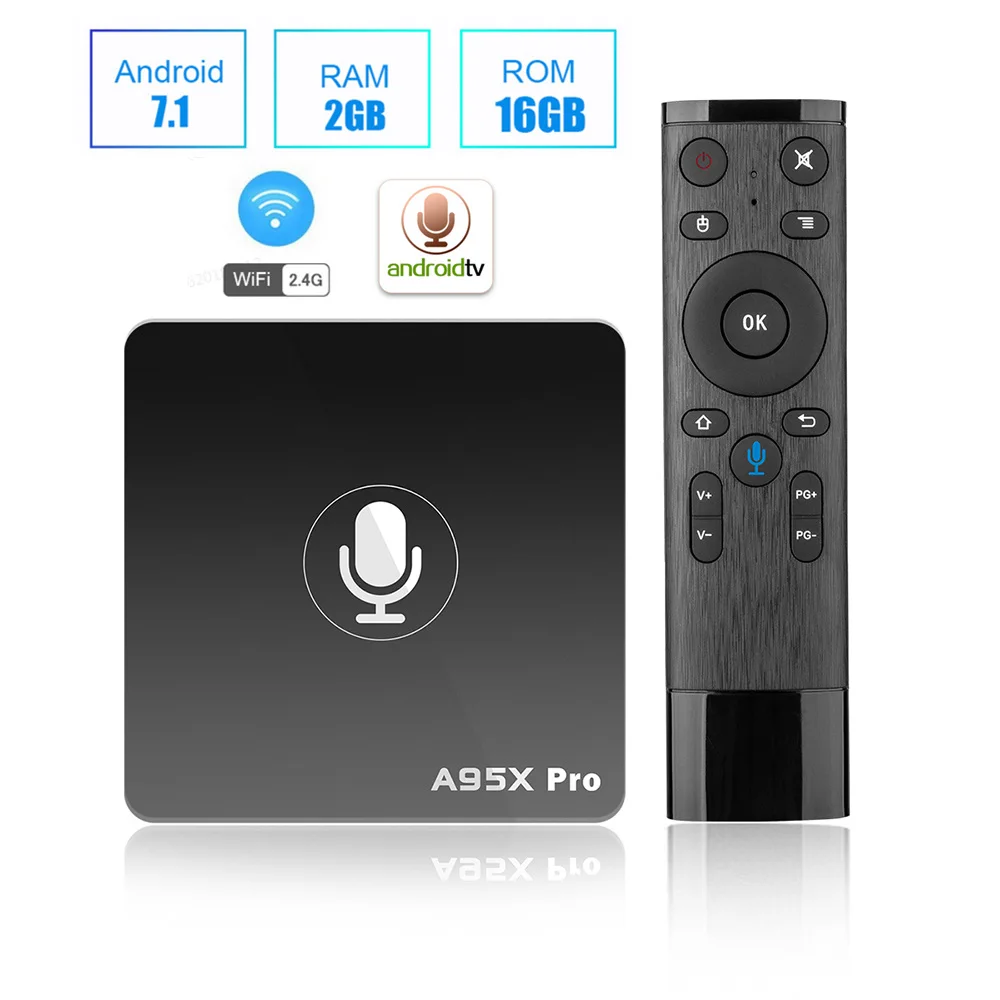 

A95X PRO Voice Control TV Box Android 7.1 Amlogic S905W 2GB RAM 16GB ROM 2.4G WiFi 100Mbps H.265 Support Youtube 4K+Netflix HD