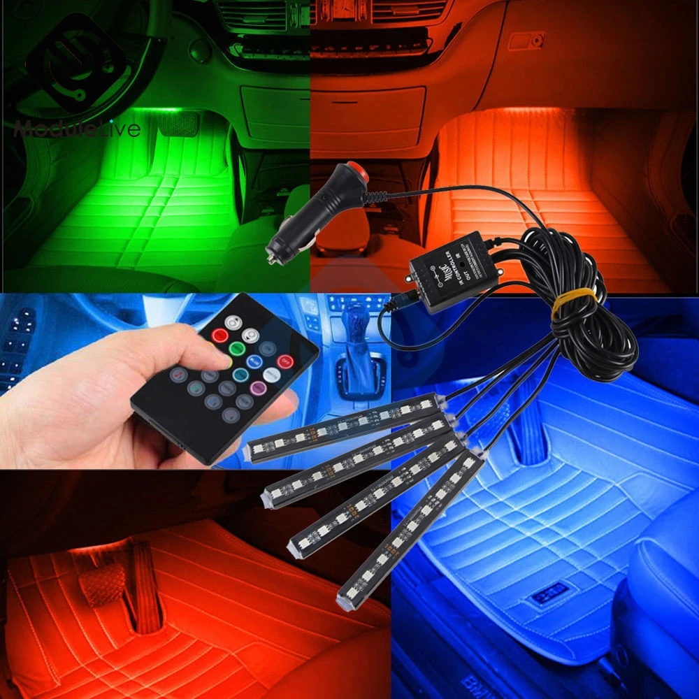 Auto Interni RGB Color 9 LED Strip Light Kit 12V Wireless Music Control  Automatic Controller 7 Color For Atmosphere 9x4 LED Bar