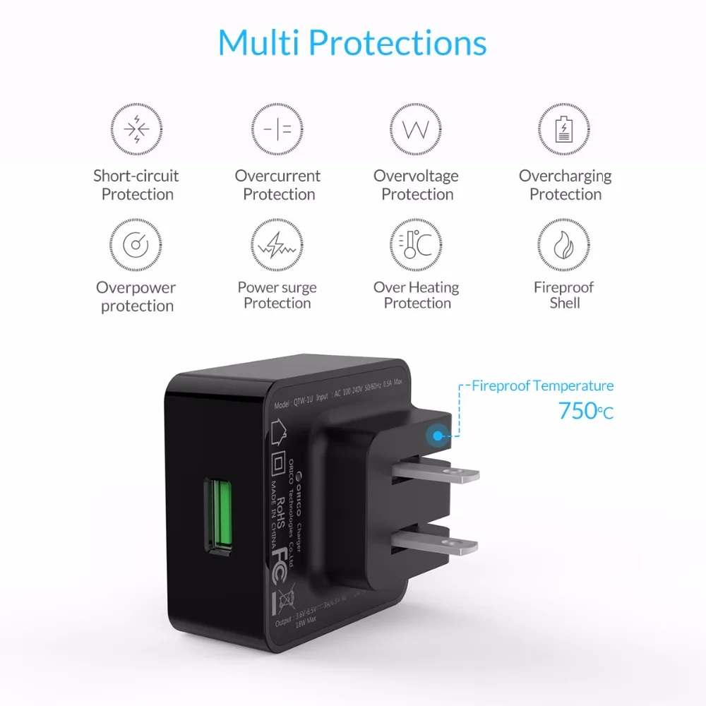 ORICO зарядное устройство для телефона Quick Charge 3,0 18 Вт Быстрое USB зарядное устройство для iPhone samsung Xiaomi huawei с бесплатным Micro USB кабелем