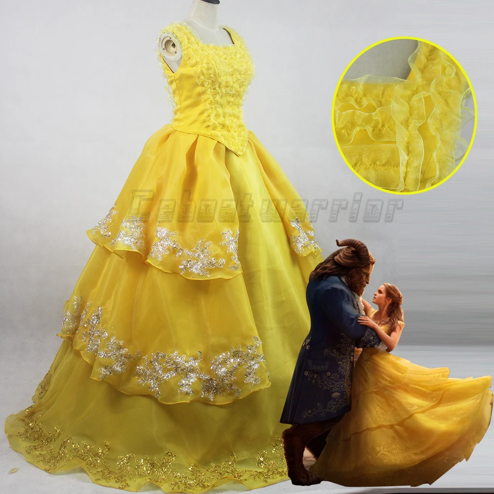 2018 New Beauty And The Beast Movie Princess Belle Emma Watson Cosplay Costume Customized Yellow Weeding Dress Adults