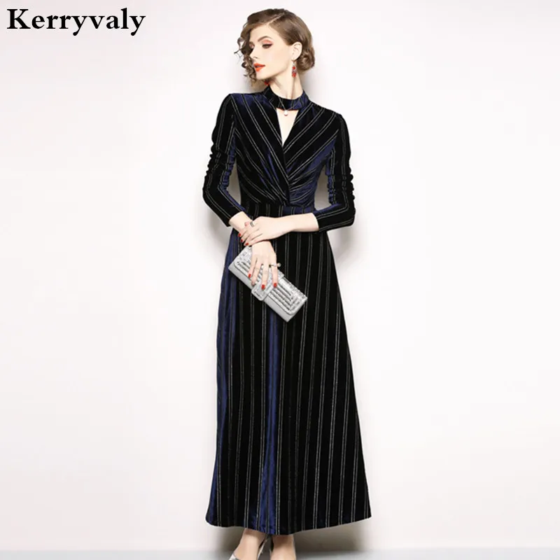 

Winter Women Long Sleeved Velvet Maxi Dress Vetement Femme 2019 Runway Striped Long Party Dress Vestido Longo Robe Pull K9622