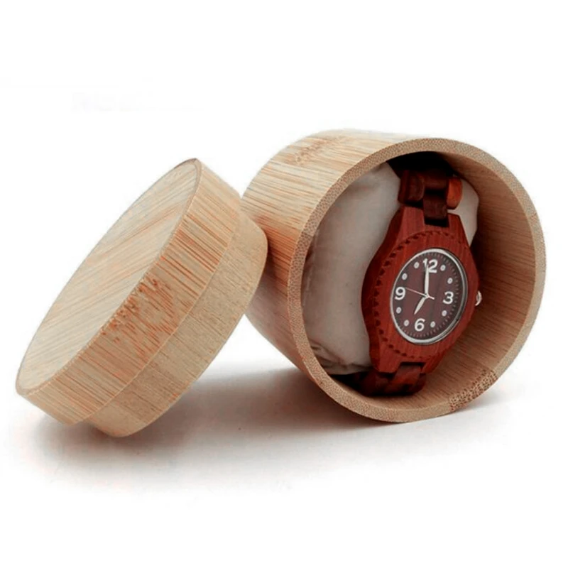 

Elegant Bamboo Watch Gift Box Jewelry Display Cylindric Storage Case With Pillow N11_C