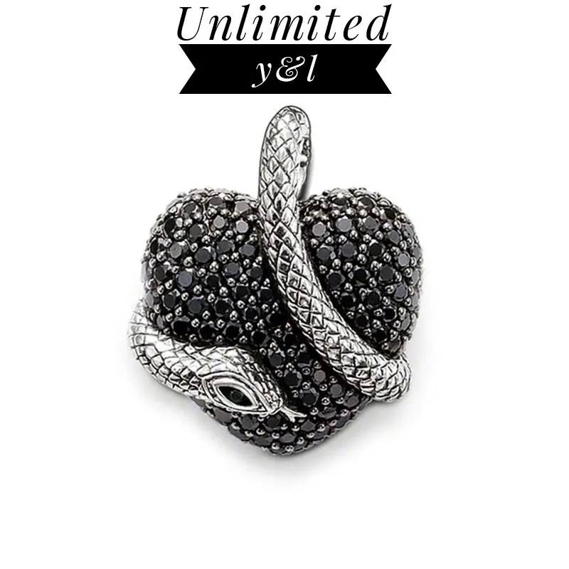 

Snake Winding Black CZ Pave Setting Heart Pendant for Necklace Women Men Thomas Style Silver Fashion DIY Jewelry Making 2018 New